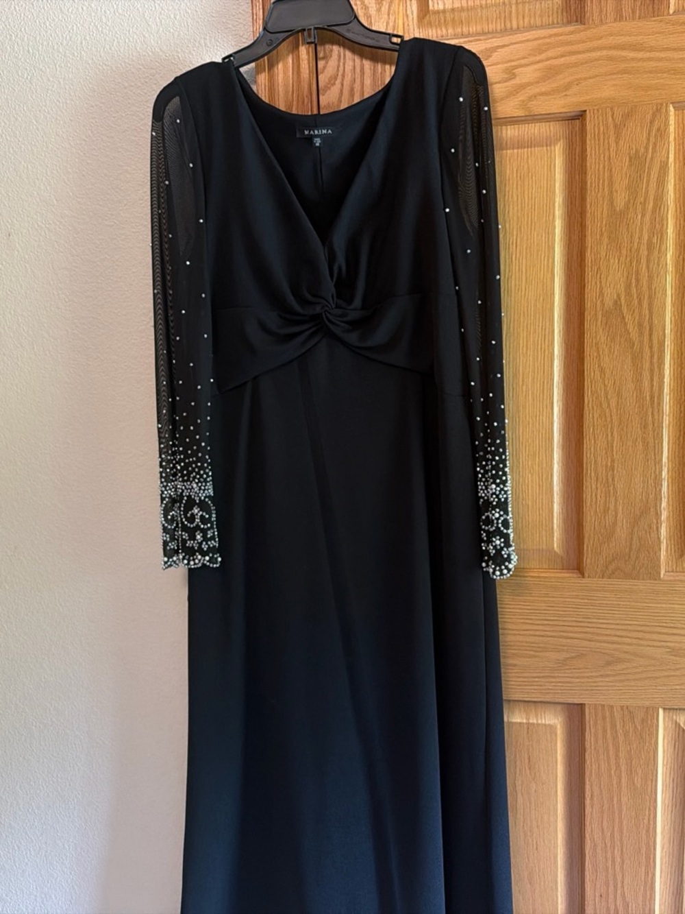 MARINA Black Long Sleeve Twist-Front Evening Gown with Beaded Sheer Sleeves